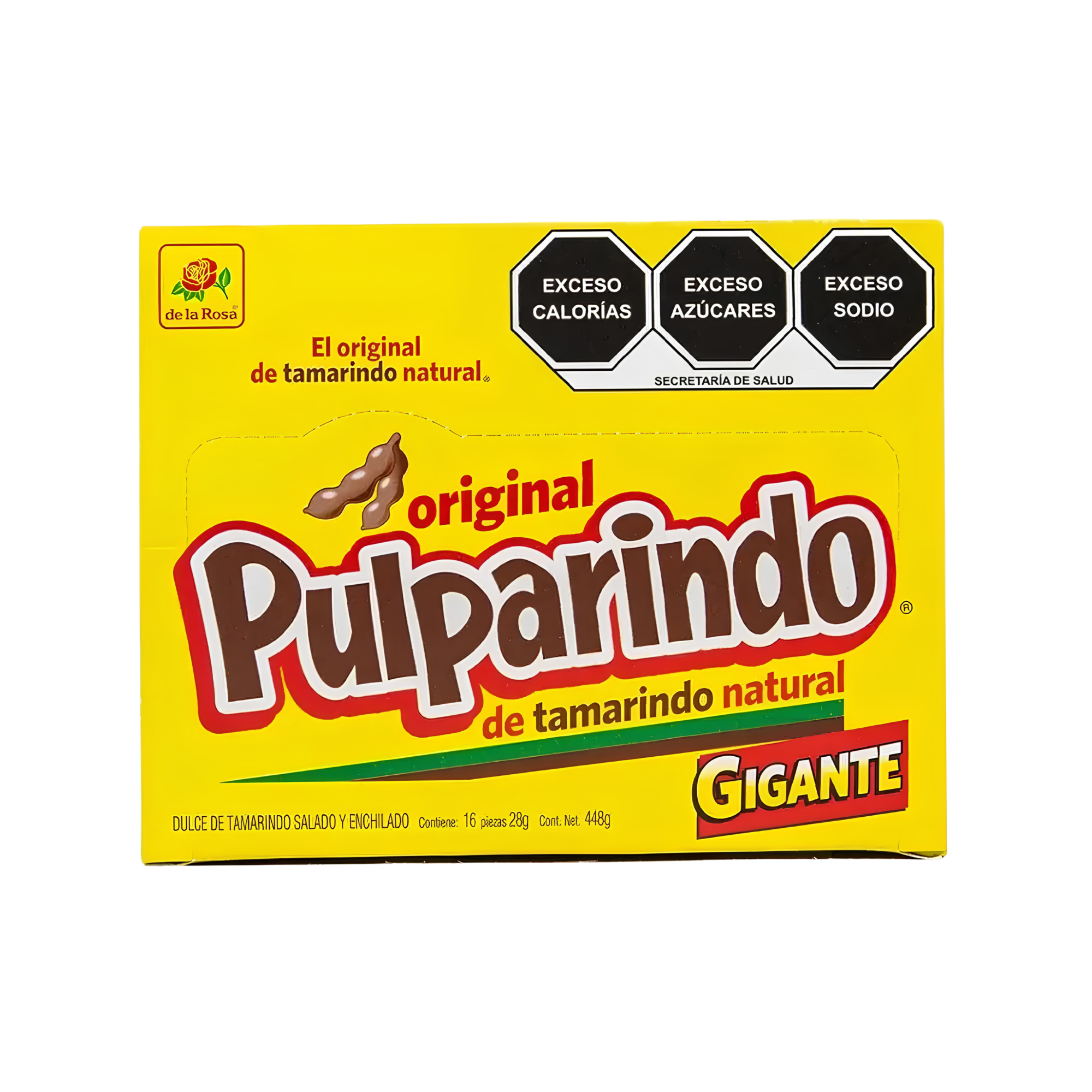 Dulce de Tamarindo Salado y Enchilado Original Pulparindo Gigante De la Rosa - Caja con 16 Piezas (448 g)