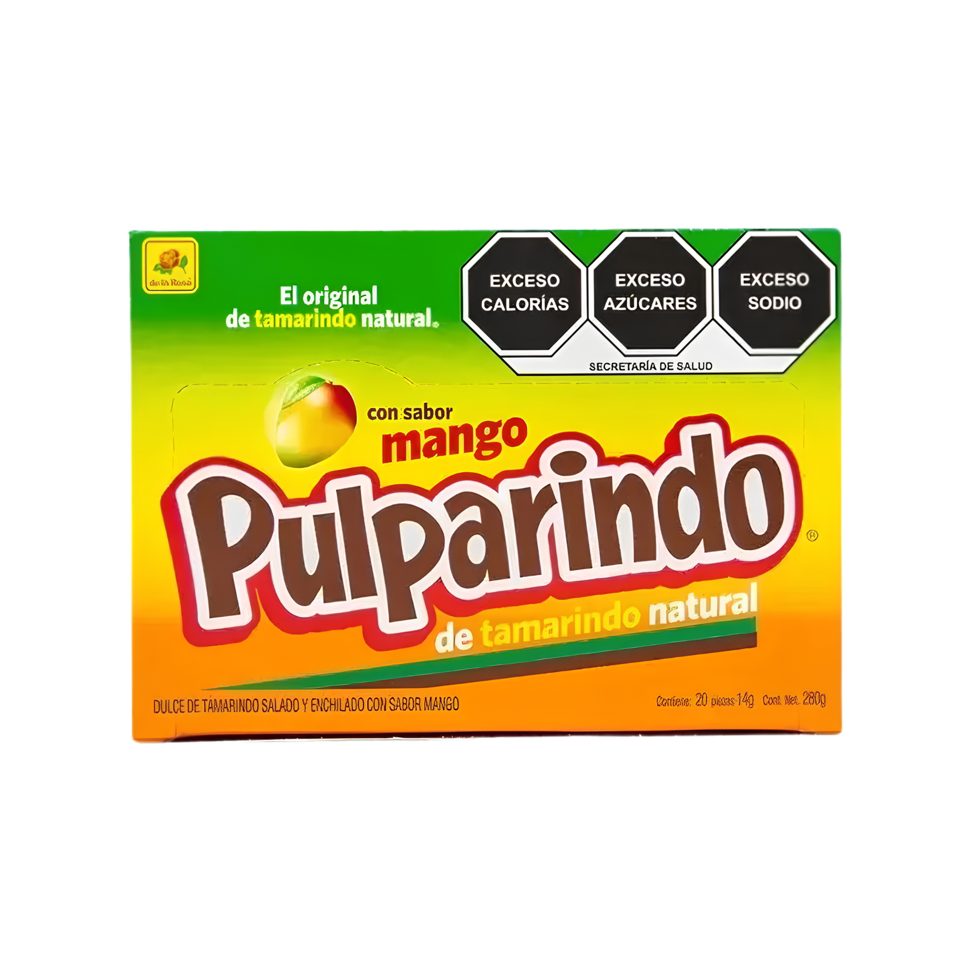 Dulce de Tamarindo Salado y Enchilado Sabor Mango Pulparindo De la Rosa - Caja con 20 Piezas (280 g)