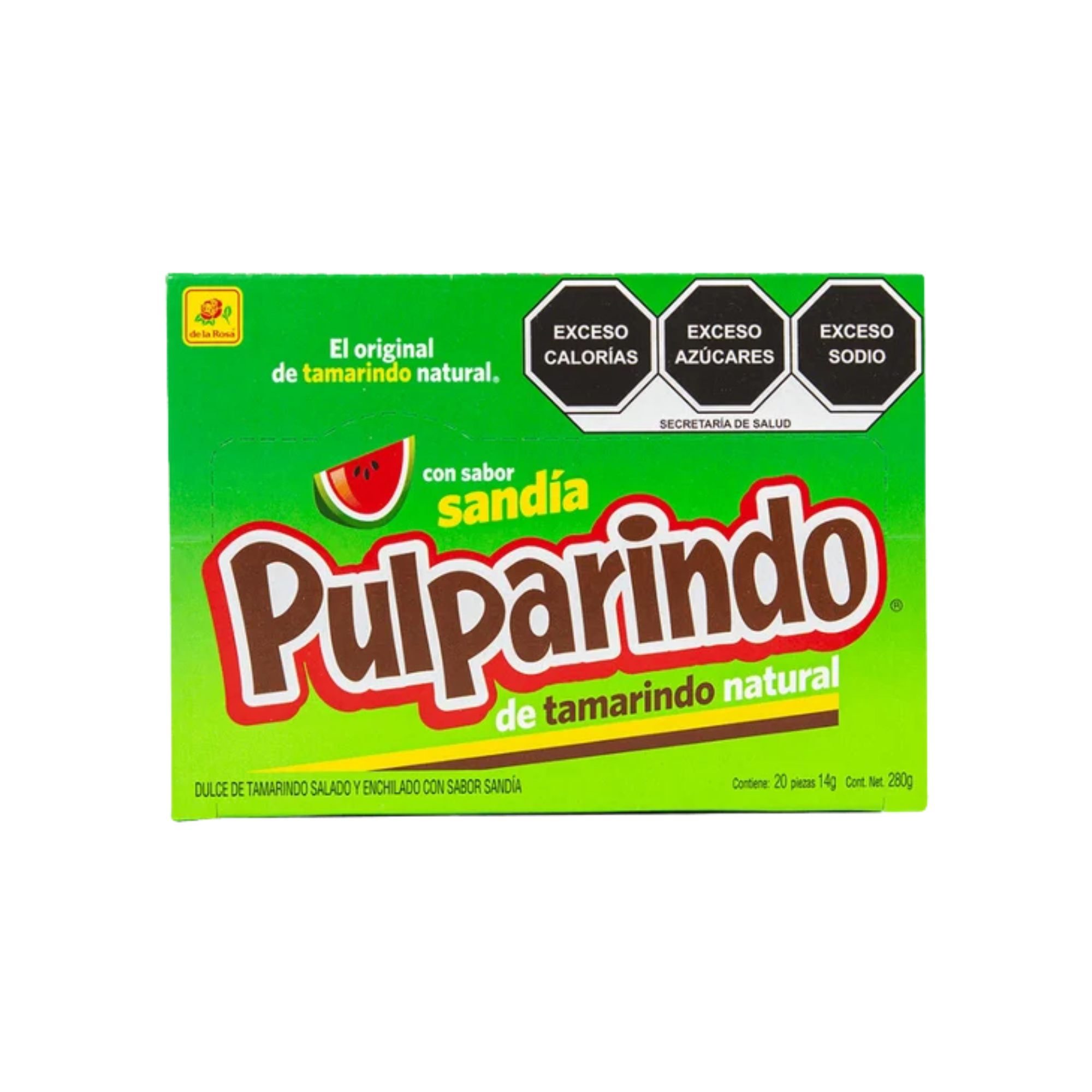 Dulce de Tamarindo Salado y Enchilado Sabor Sandía Pulparindo De la Rosa - Caja con 20 Piezas (280 g)