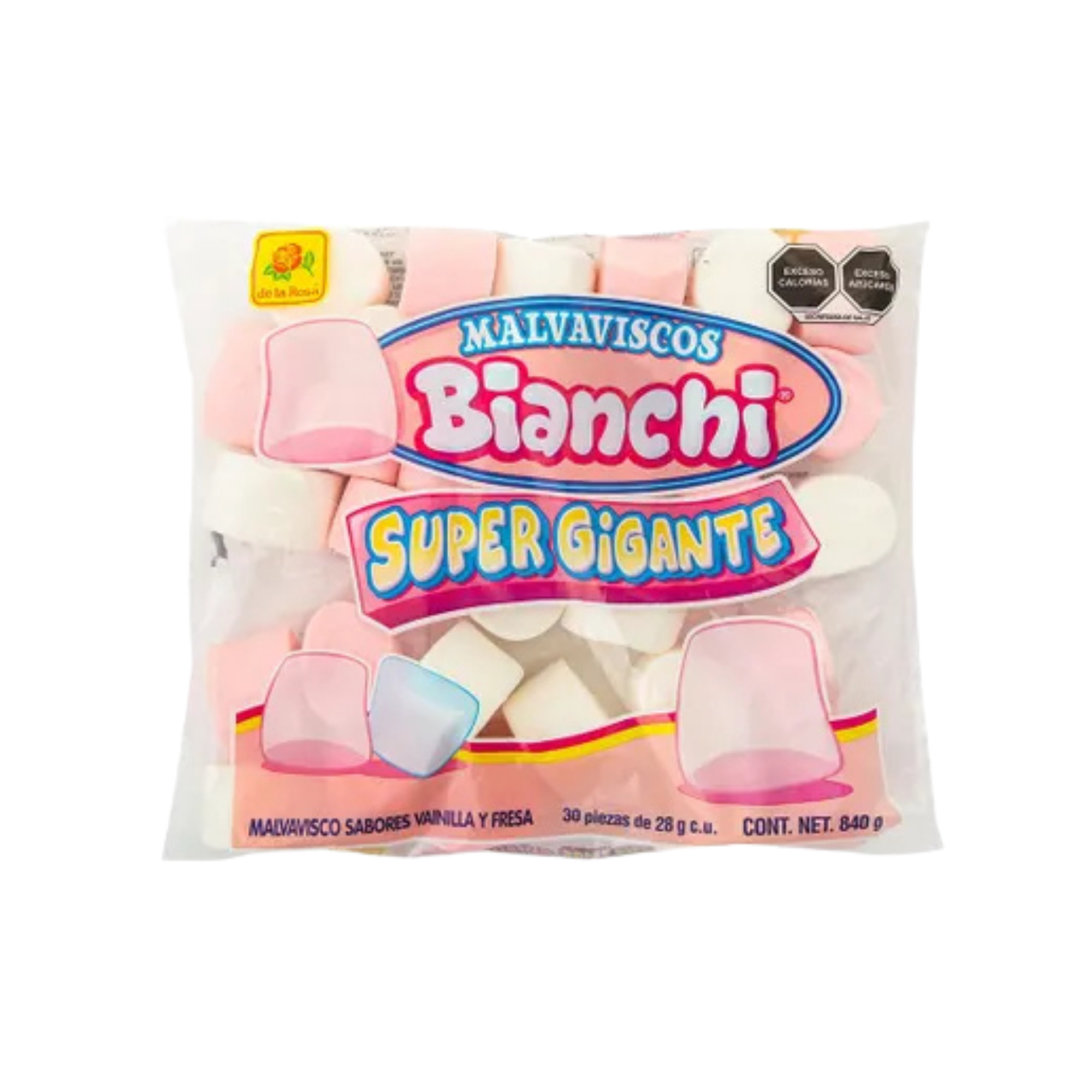 Malvaviscos Súper Gigante Sabores Vainilla y Fresa Bianchi De la Rosa - Bolsa con 840 g (30 Piezas)