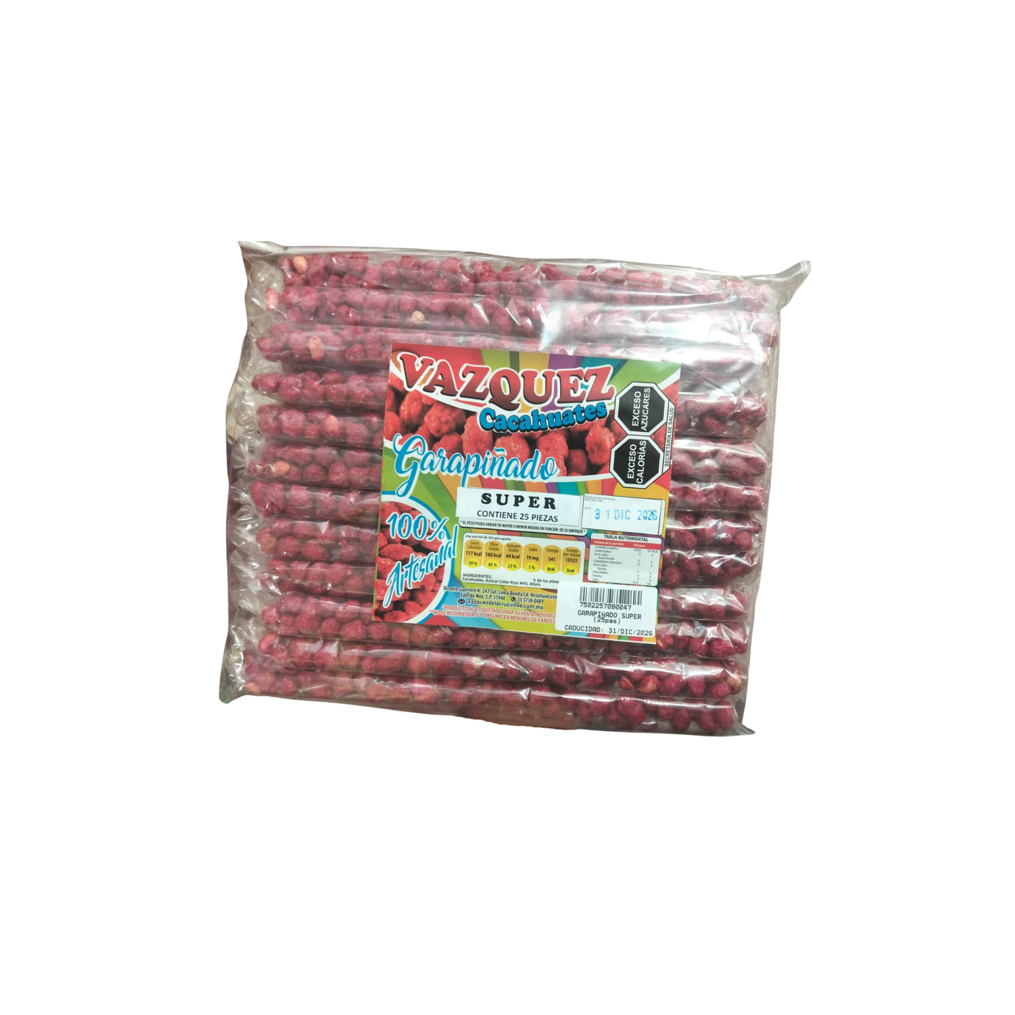 Cacahuate Garapiñado Súper 100% Artesanal Vázquez - Paquete con 25 Tiritas Individuales