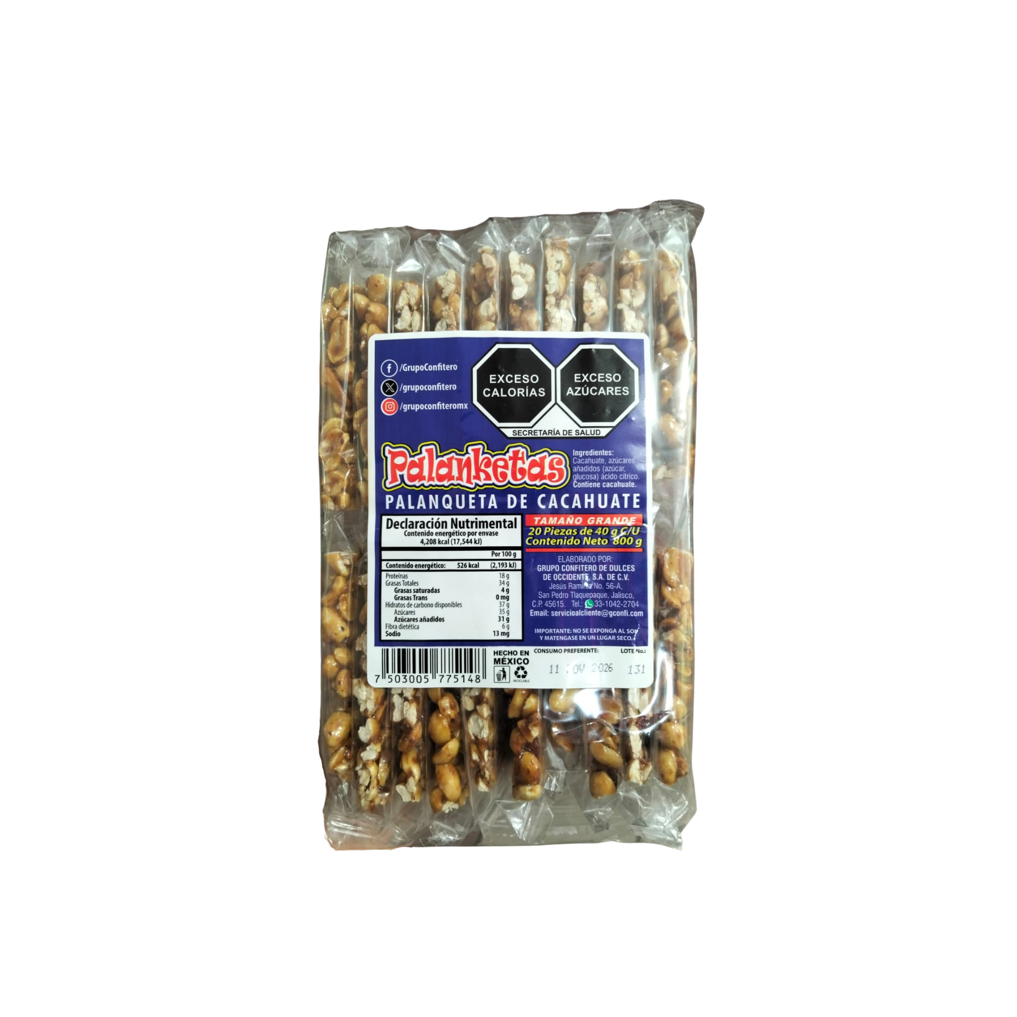 Palanqueta de Cacahuate Tamaño Grande Grupo Confitero - Paquete con 20 Piezas de 40 g (800 g)