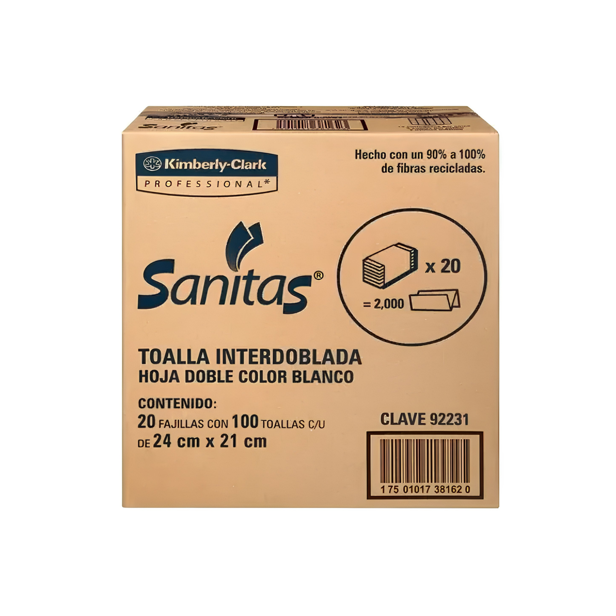Toallas Interdobladas Sanitas Hoja Doble Caja con 2,000 Servicios (20 Fajillas c/100)