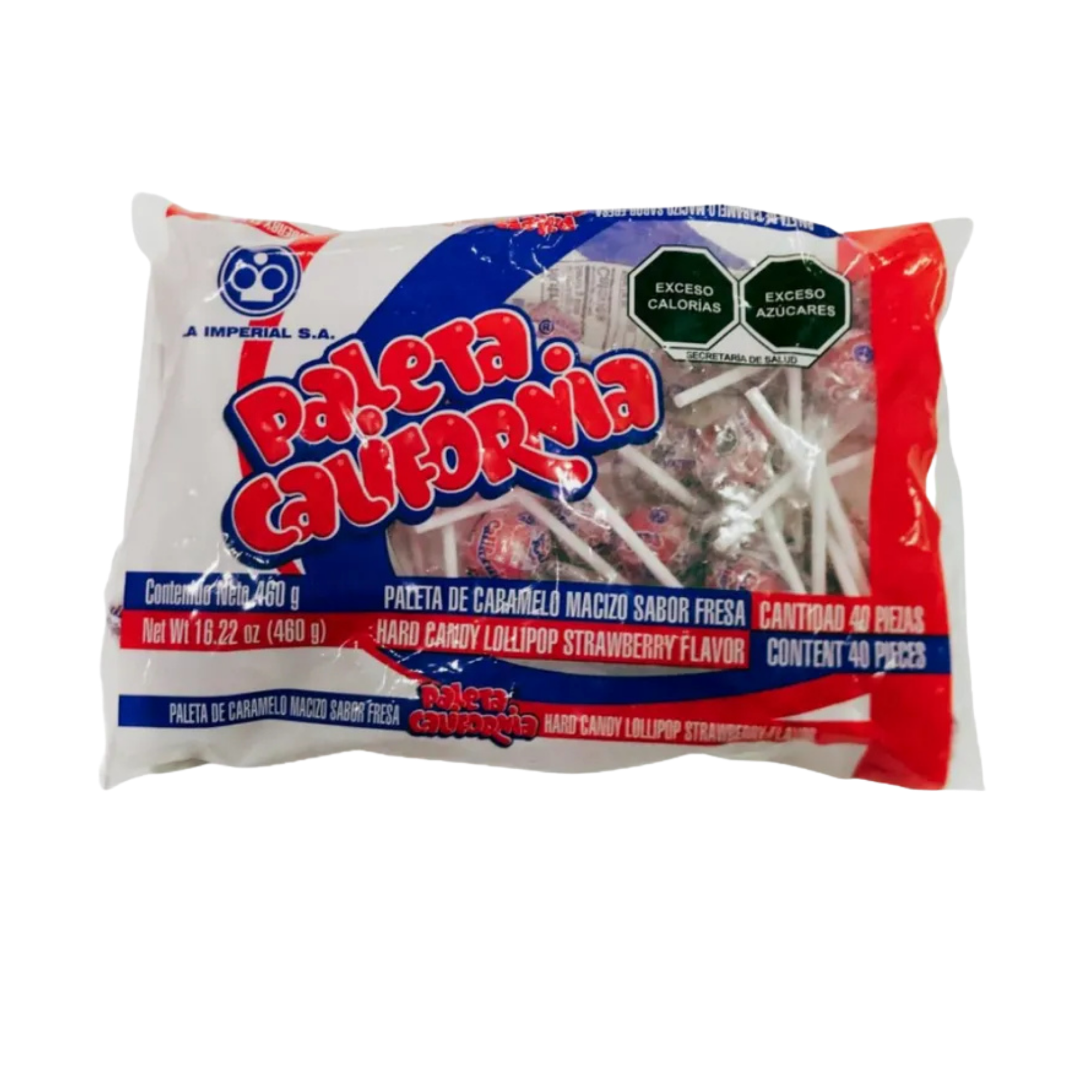 Paleta de Caramelo Macizo Sabor Fresa Paleta California - Bolsa con 40 Piezas (460 g)