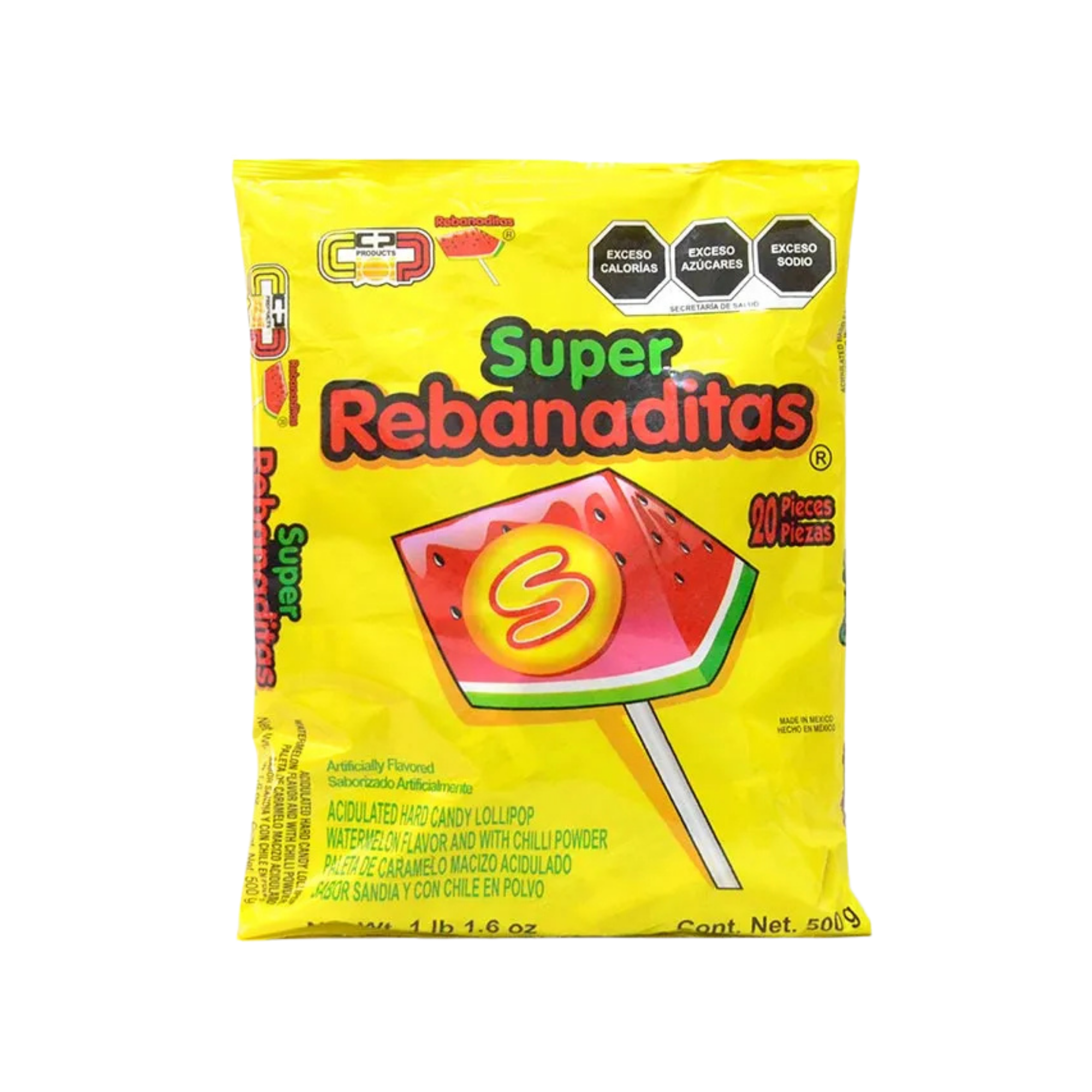 Paleta de Caramelo Macizo Sabor Sandía con Chile Super Rebanaditas - Bolsa con 20 Piezas (500 g)