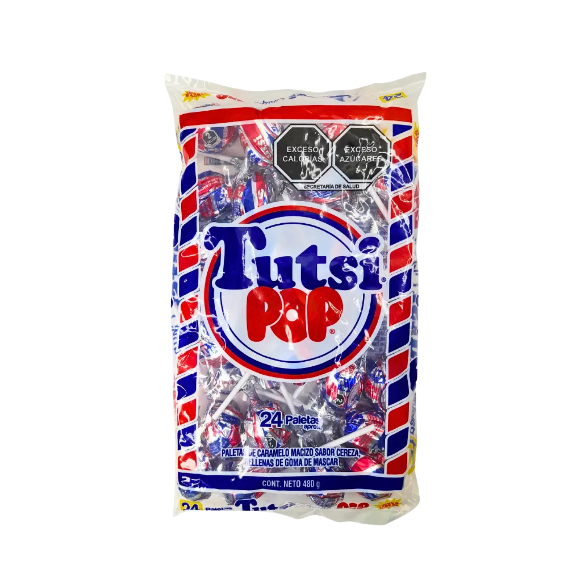 Paleta de Caramelo Macizo Sabor Cereza Rellena de Goma de Mascar Tutsi Pop - Bolsa con 24 Piezas (480 g)