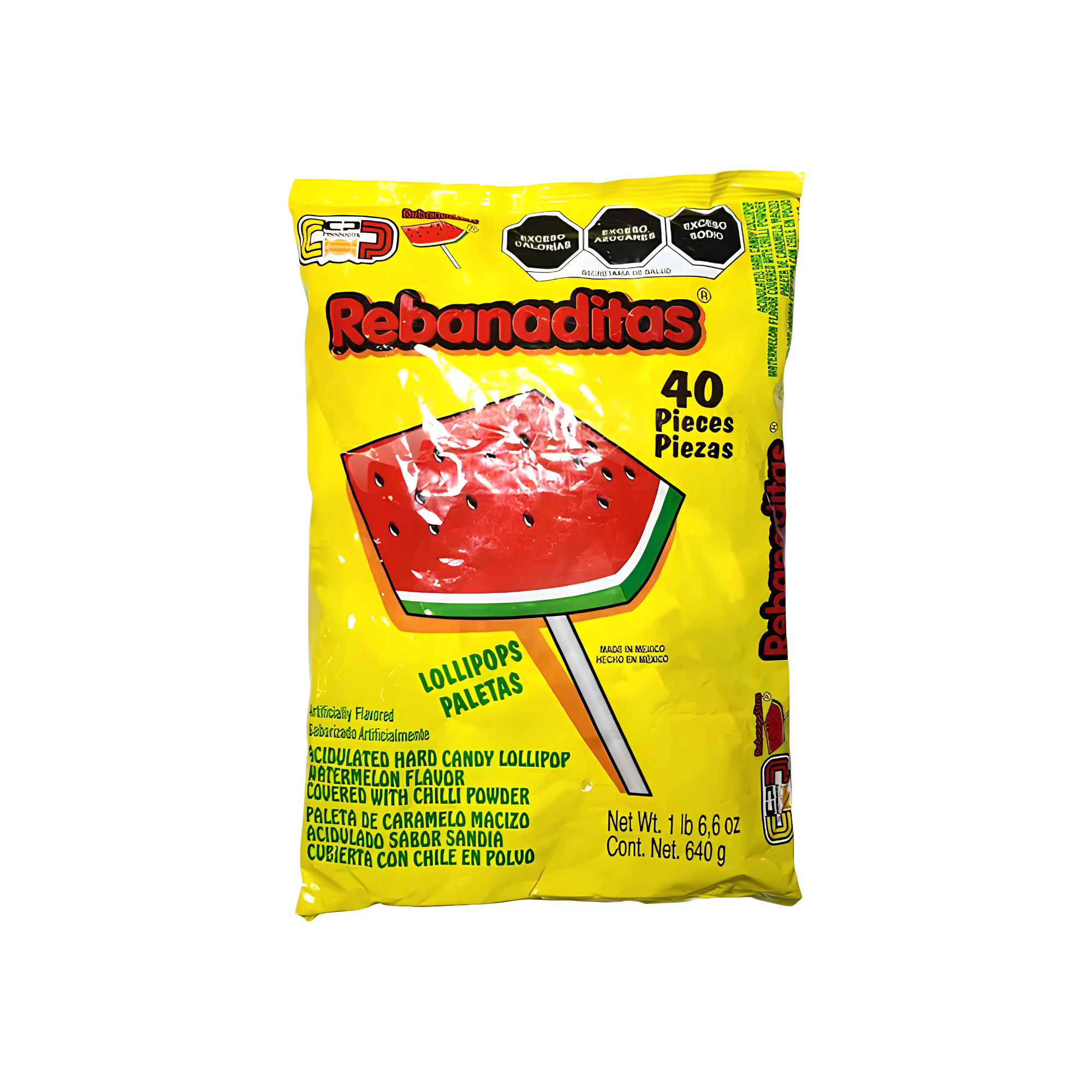 Paleta de Caramelo Macizo Sabor Sandía Cubierta con Chile Rebanaditas Sonric's - Bolsa con 40 Piezas (640 g)