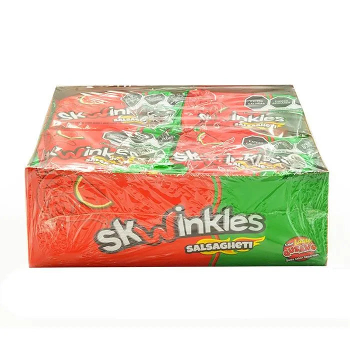 Dulce Skwinkles Salsagheti Sabor Sandía con Salsa Lucas Gusano - Caja con 12 Piezas