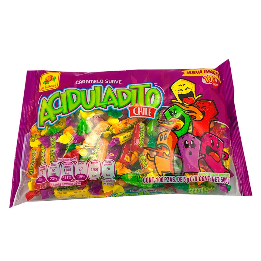 Caramelo Suave Aciduladito con Chile De la Rosa - Bolsa con 100 Piezas (500 g)