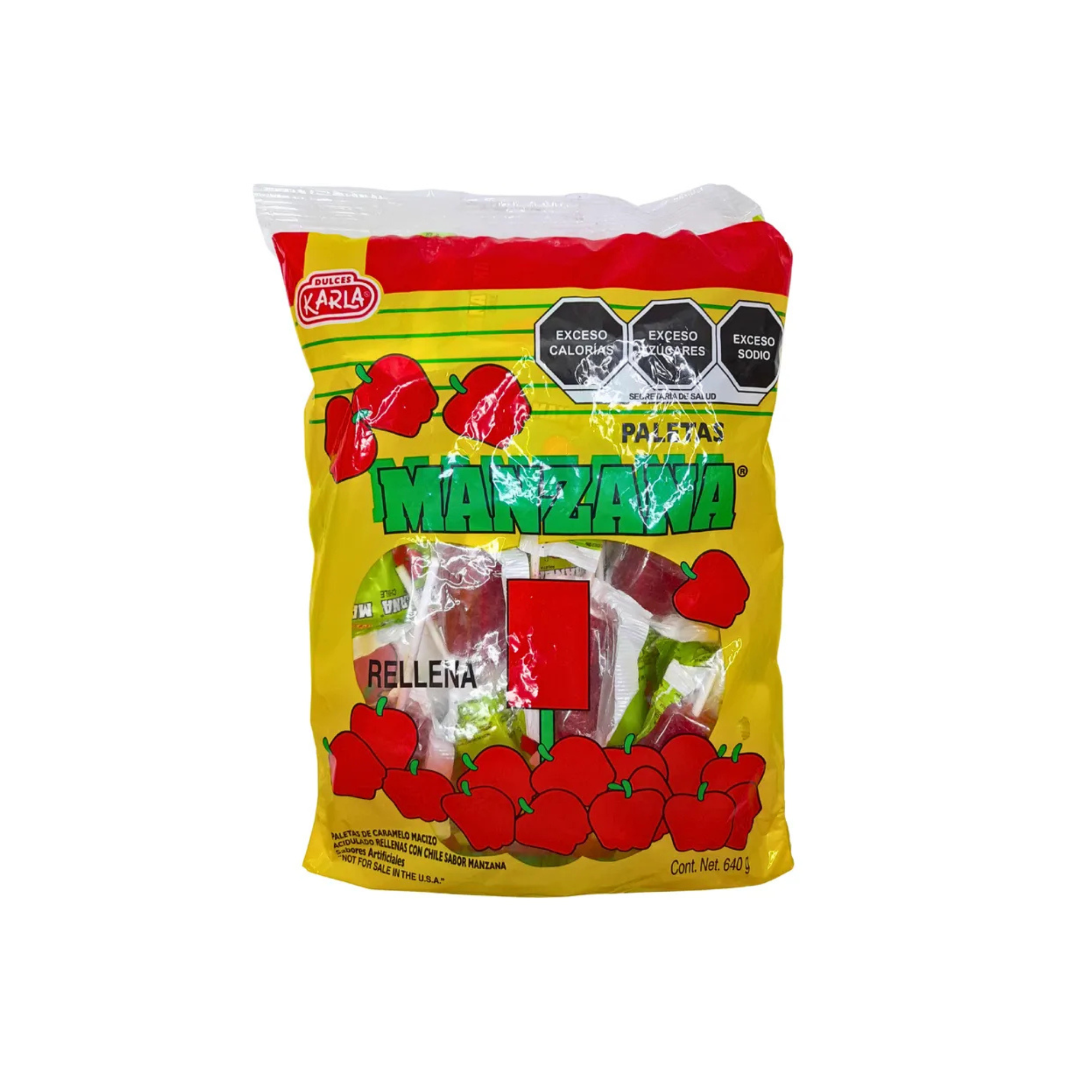 Paleta de Caramelo Macizo Sabor Manzana Rellena con Chile Dulces Karla - Bolsa con 20 Piezas Grandes (640 g)
