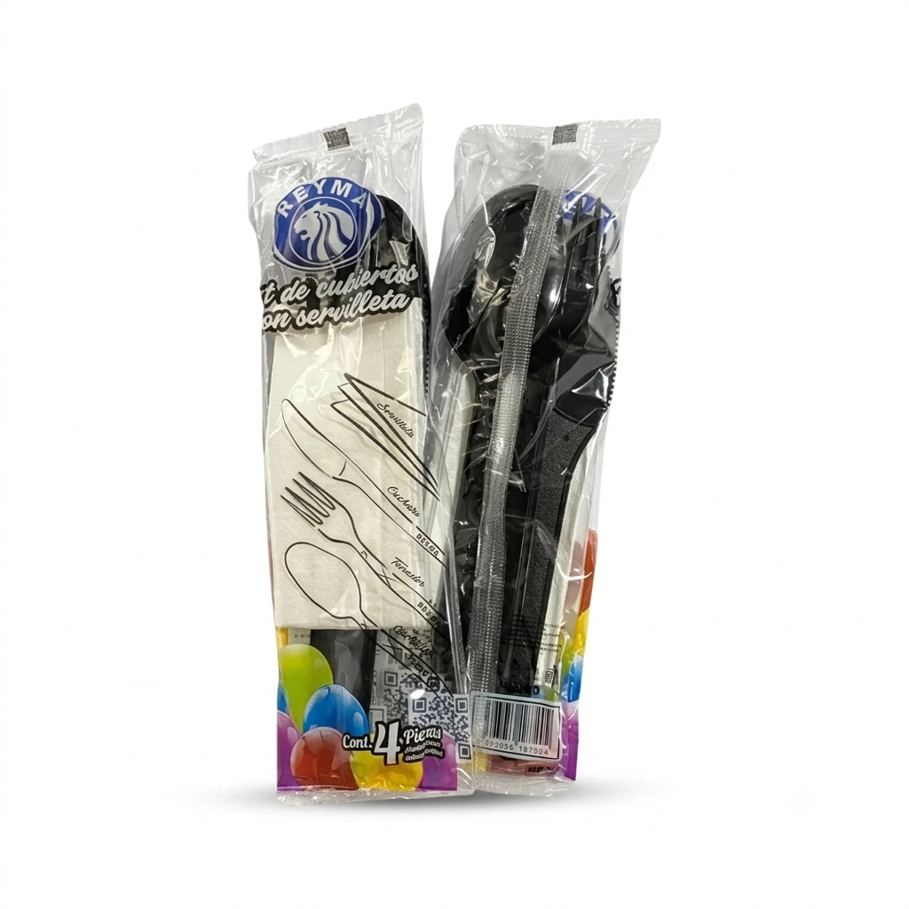 Kit de Cubiertos Plásticos Grande Negro con Servilleta Reyma Paquete con 100 Paquetes