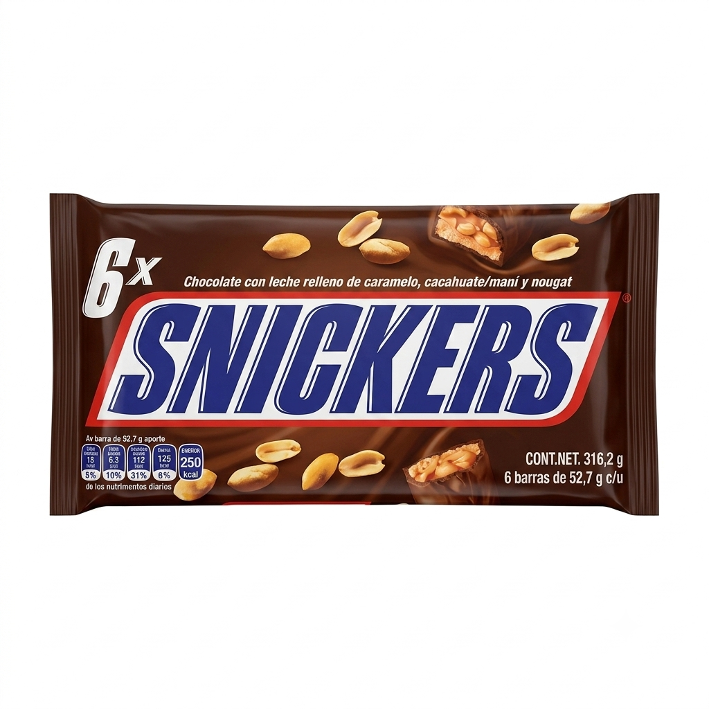 Chocolate con Leche Relleno de Caramelo, Cacahuate y Nougat Snickers - Multipack con 6 Piezas (316.2 g)