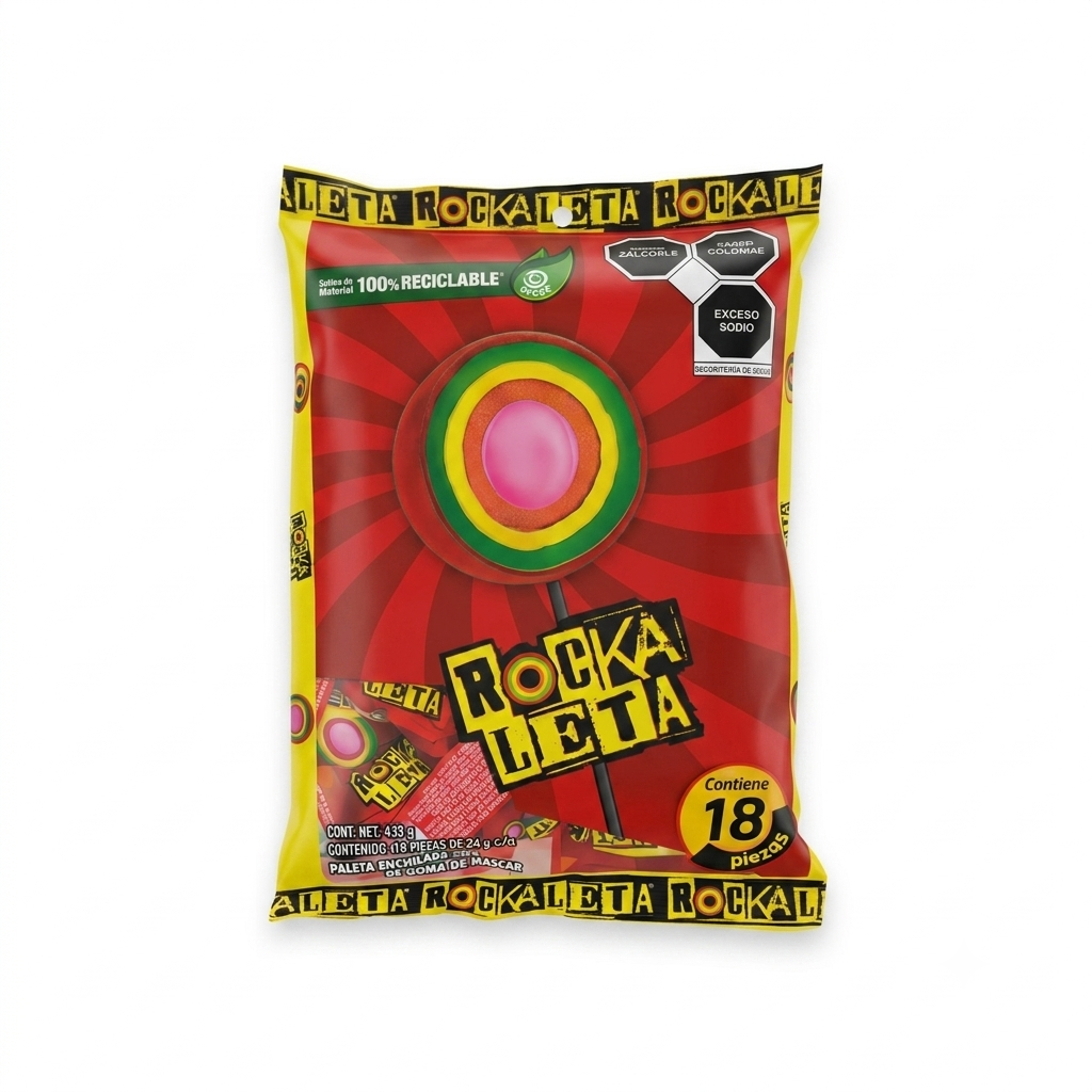 Bolsa de Paletas Enchiladas con Goma de Mascar Rockaleta Original - Paquete con 18 Piezas (433 g)