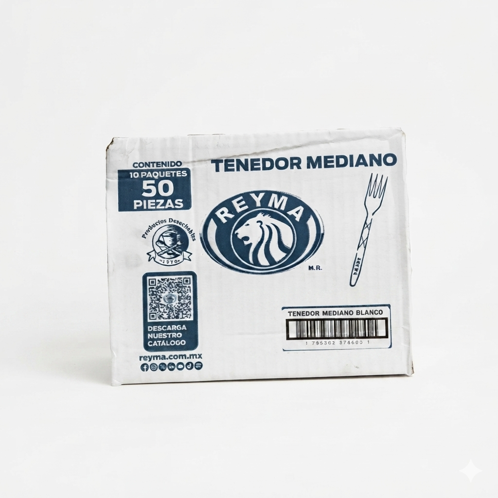 Tenedor Mediano de Plástico Blanco Reyma Paquete con 50 Piezas