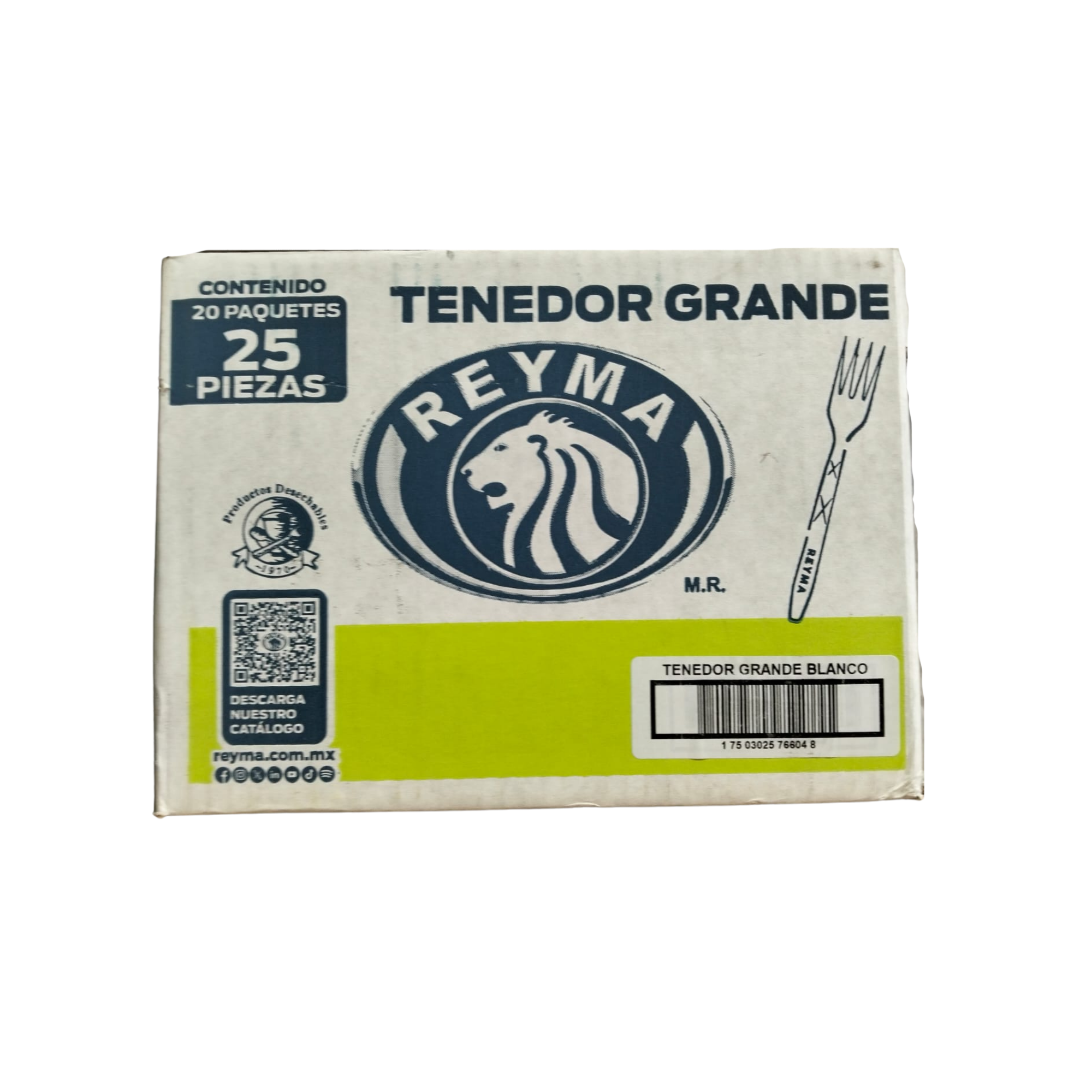 Tenedor Grande de Plástico Blanco Reyma Caja con 20 Paquetes de 25 Piezas