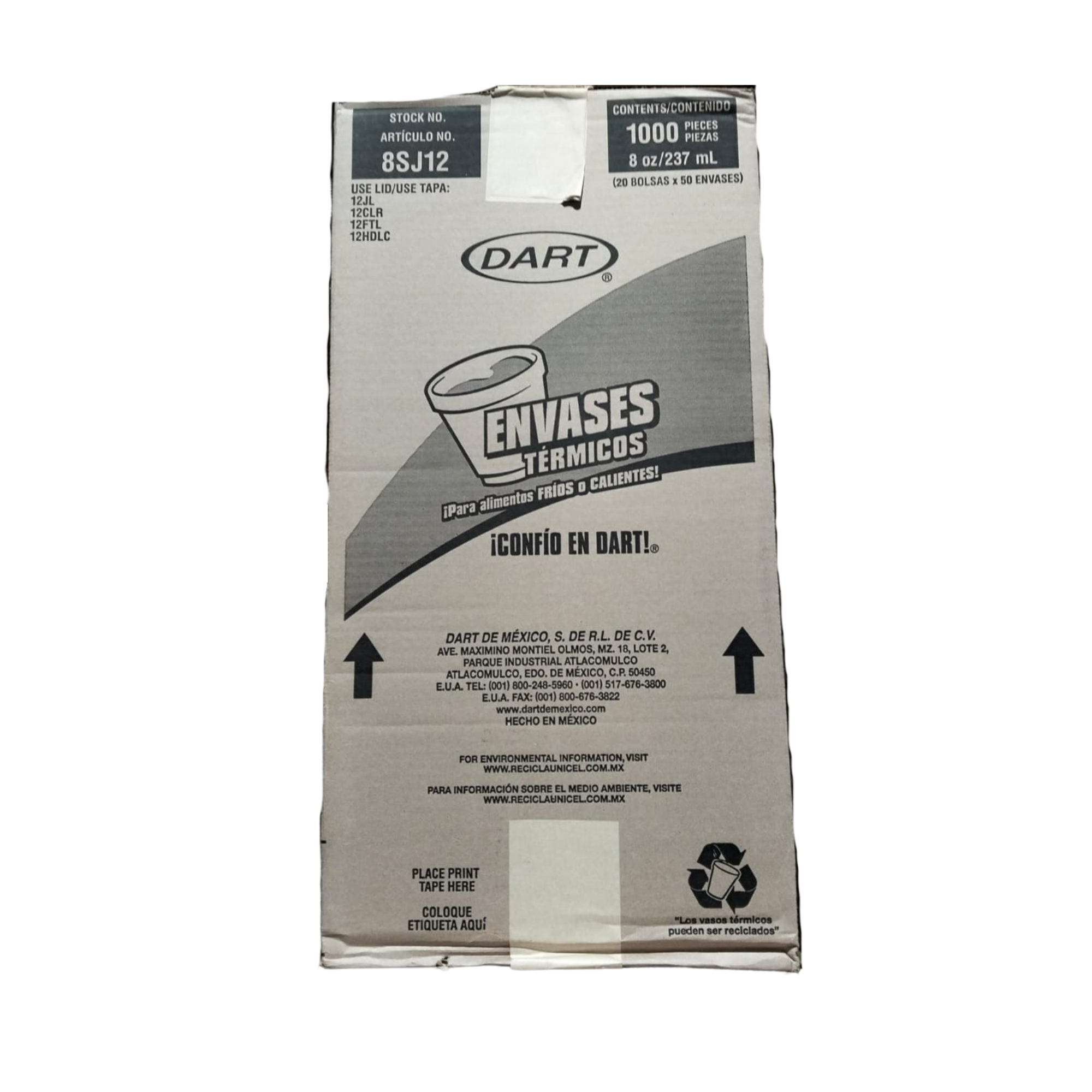 Envase Térmico de Unicel 8 oz (237 ml) 8SJ12 Dart Paquete con 50 Piezas